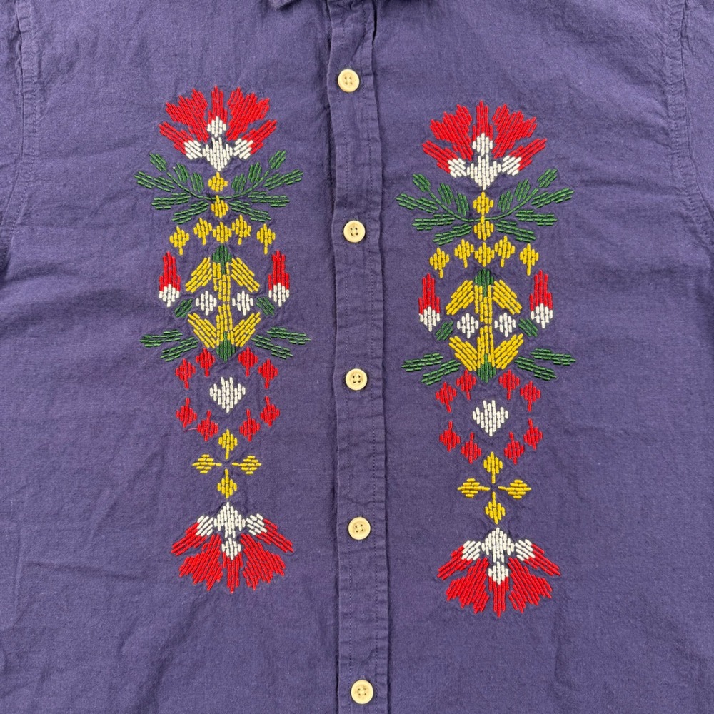 Folk Clothing Shirt Mens Medium Blue Linen Blend Short Sleeve Embroidered Resort - Picture 2 of 8